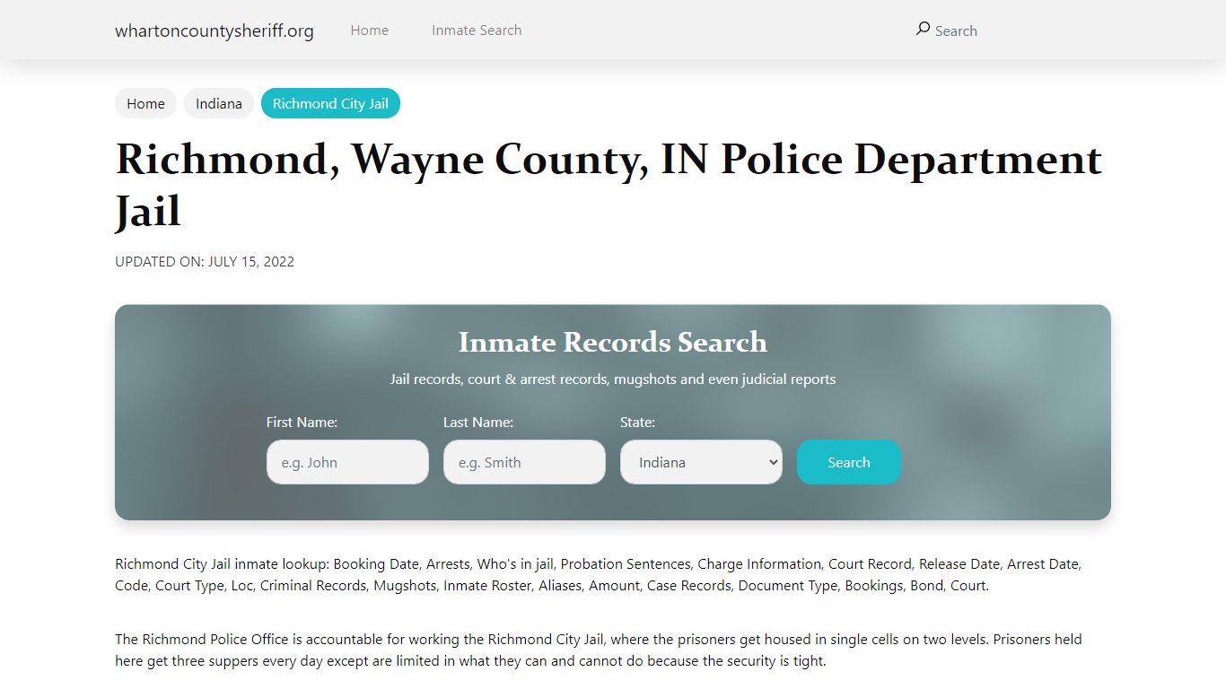 Richmond, IN City Jail Inmates, Arrests